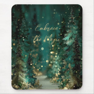 Magical Teal Green Forest Gold Bokeh Mouse Pad