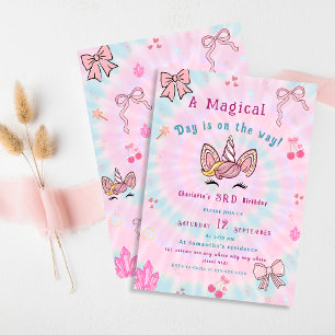 Magical Tie Dye Unicorn Coquette Bow Birthday Invitation