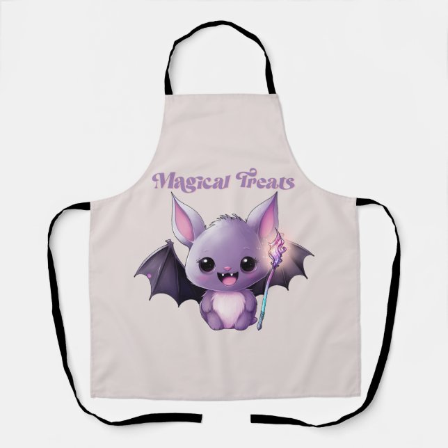 Magical Treats – Cute Purple Bat Halloween Apron (Front)