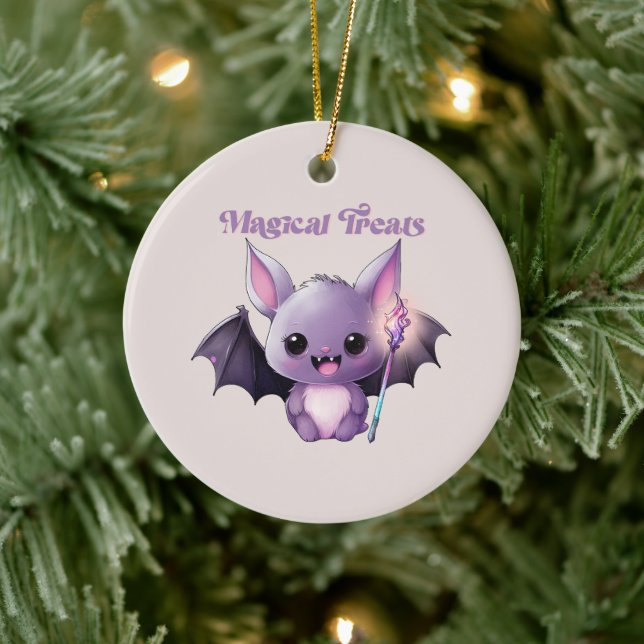Magical Treats – Cute Purple Bat Halloween Ceramic Ornament (Tree)