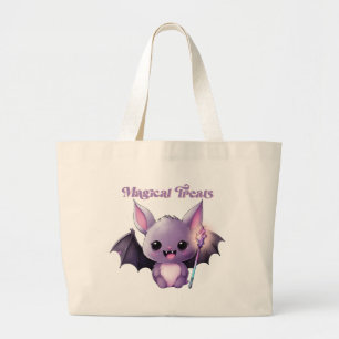 Magical Treats – Cute Purple Bat Halloween Large Tote Bag