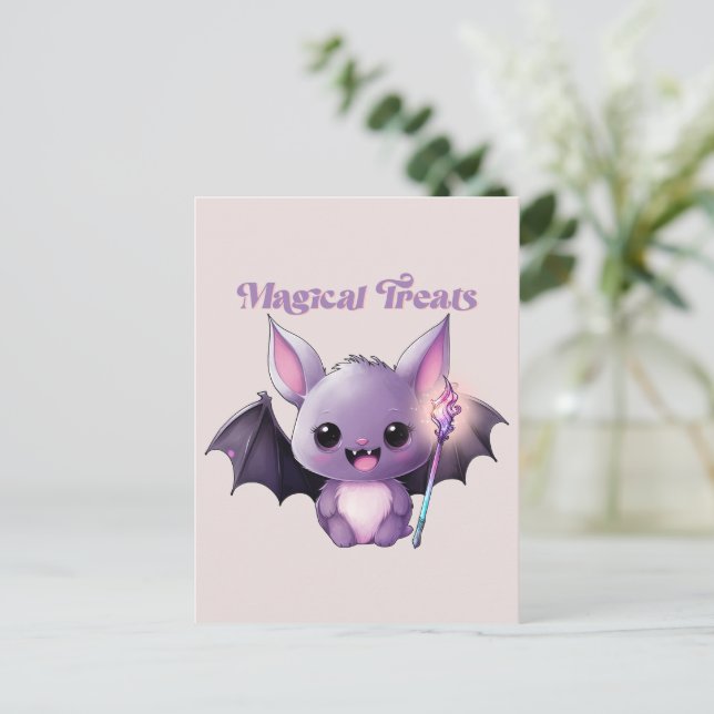 Magical Treats – Cute Purple Bat Halloween Postcard (Standing Front)