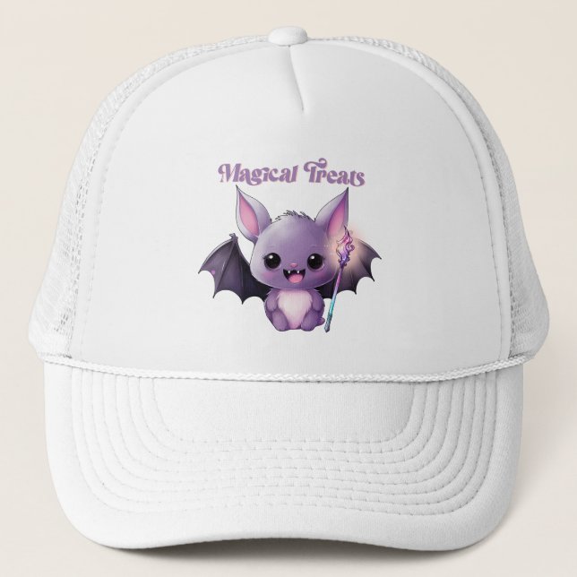 Magical Treats – Cute Purple Bat Halloween Trucker Hat (Front)
