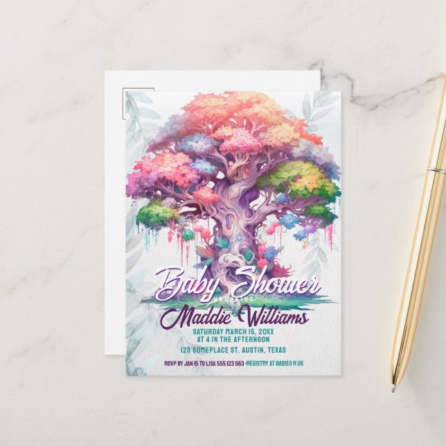 Magical Tree of Life Baby Shower Announcement Postcard (Front/Back In Situ)