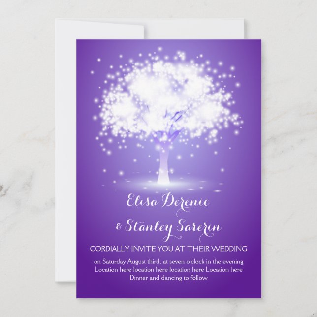 Magical tree, sparkling lights purple wedding invitation (Front)