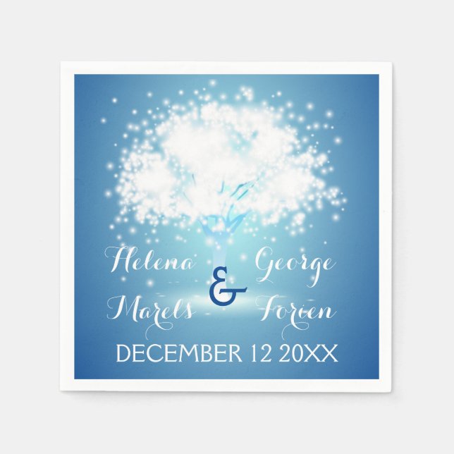 Magical tree with sparkling lights blue wedding napkin (Front)