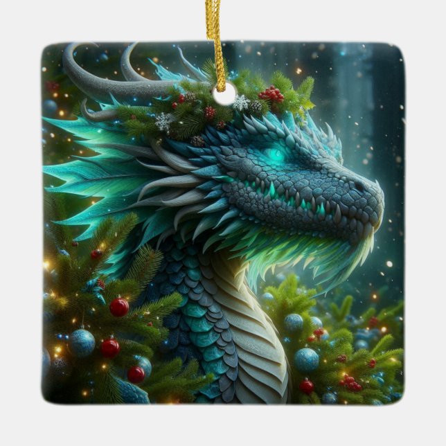 Magical Turquoise Christmas Dragon Ceramic Ornament (Front)