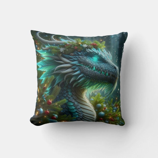 Magical Turquoise Christmas Dragon Cushion (Front)