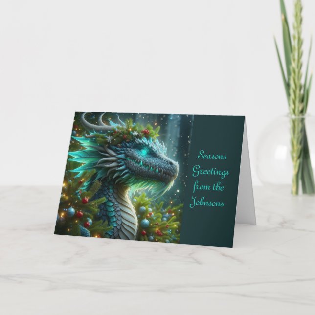Magical Turquoise Christmas Dragon Holiday Card (Front)