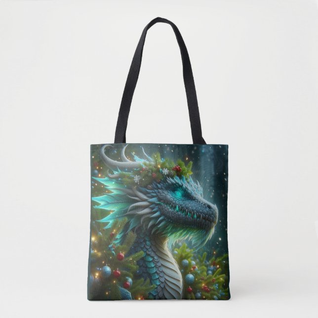 Magical Turquoise Christmas Dragon Tote Bag (Front)