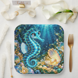 Magical Turquoise Seahorse & Golden Pearl Underwat Paper Plate