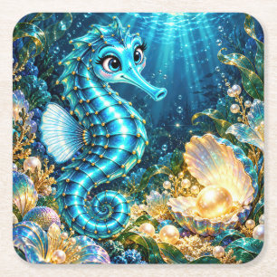 Magical Turquoise Seahorse & Golden Pearl Underwat Square Paper Coaster