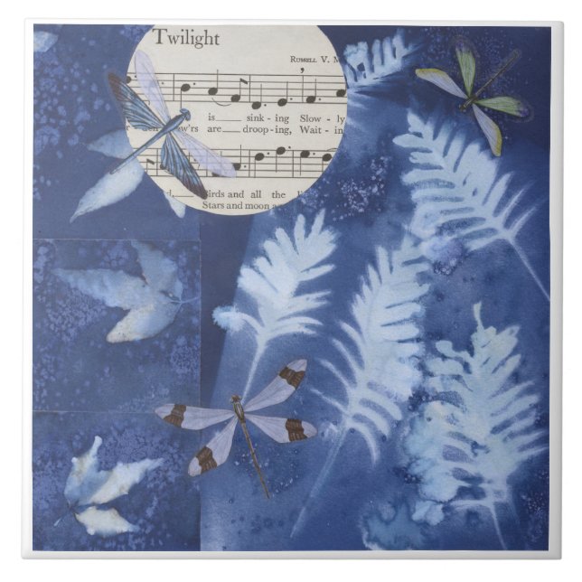 Magical Twilight Dance Dragonfly Cyanotype Ceramic Tile (Front)