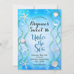 Magical Under The Sea Aqua Blue Sweet 16 Birthday  Invitation