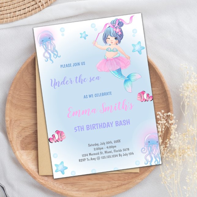 Magical Under the Sea Invitations for Girls (Blue Green Cloud Mermaid Birthday Invitations)