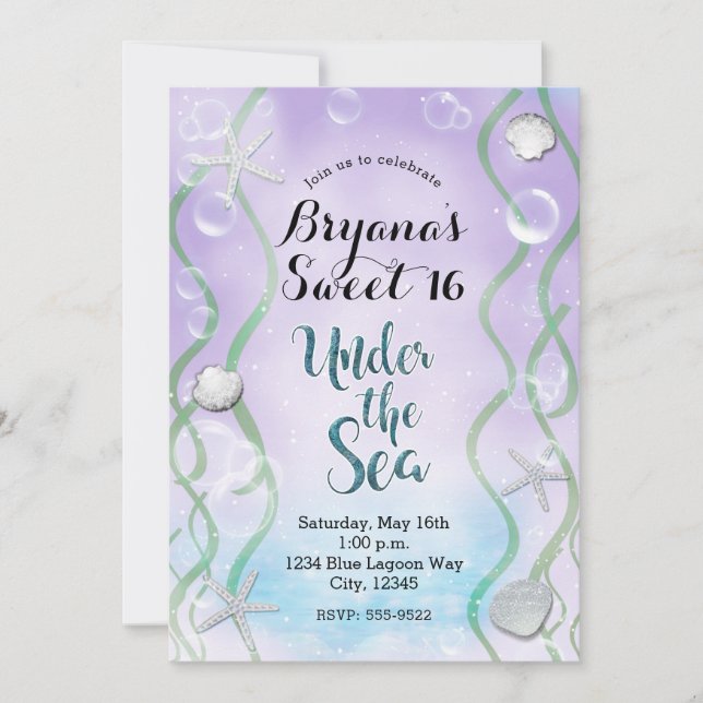 Magical Under The Sea Lavender Sweet 16 Birthday Invitation (Front)