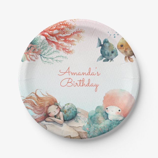 Magical Under The Sea Watercolor Birthday Party  Paper Plate (Front)