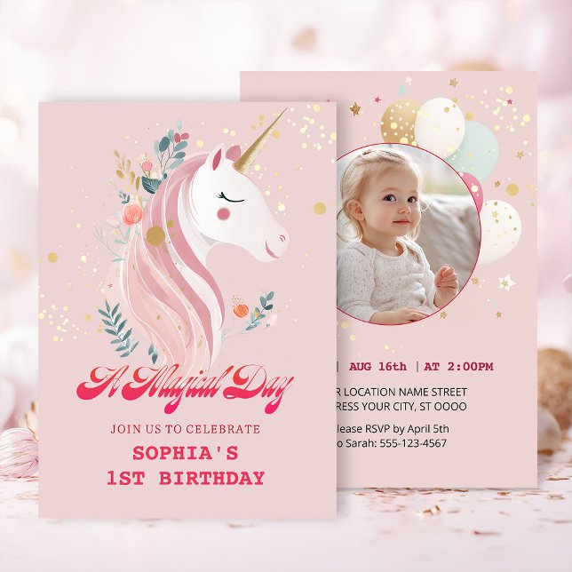 Magical Unicorn 1st Birthday Invitation (Creator Uploaded)