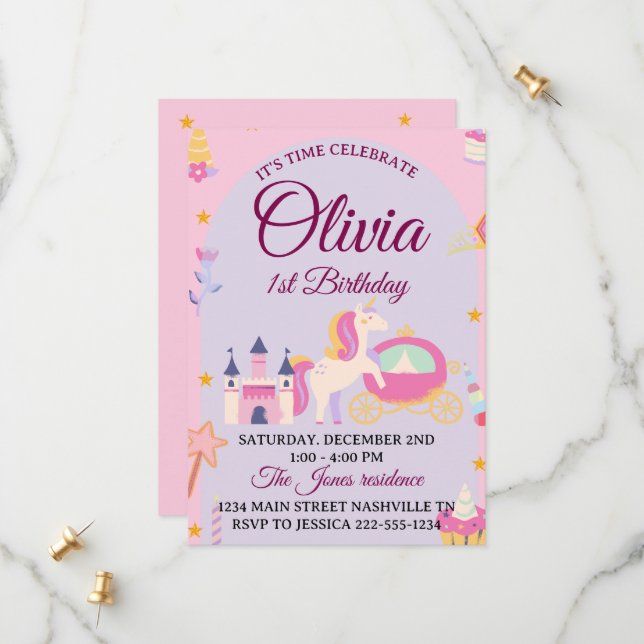 Magical Unicorn 1st Birthday Invitation for Girls (Front/Back In Situ)