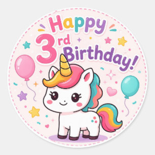 Magical Unicorn 3rd Birthday Celebration Classic Round Sticker