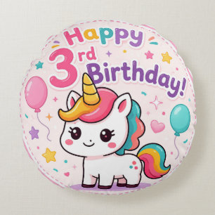 Magical Unicorn 3rd Birthday Celebration Round Cushion