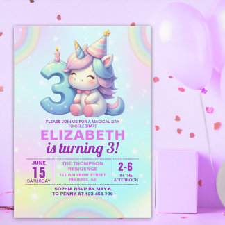 Magical Unicorn 3rd Birthday Invitation – Rainbow