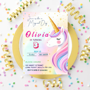 Magical Unicorn 3rd Birthday Party Invitation