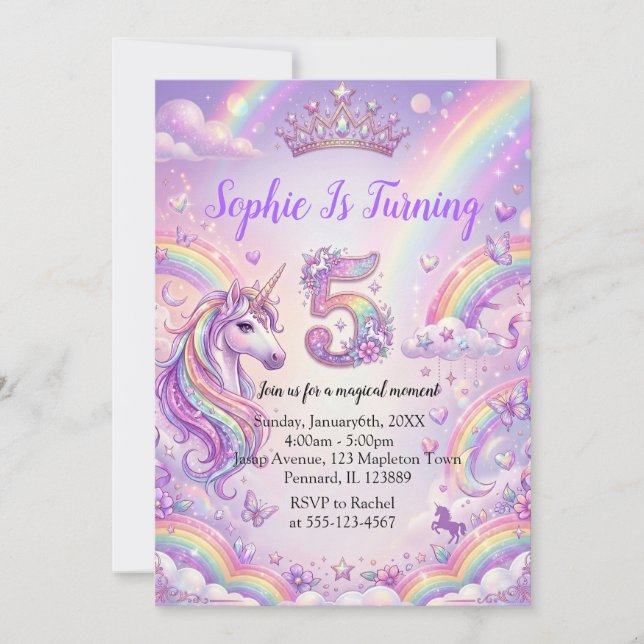 Magical Unicorn 5th Birthday  Invitation (Front)