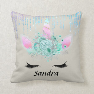 Magical unicorn and faux glitters add name pillow