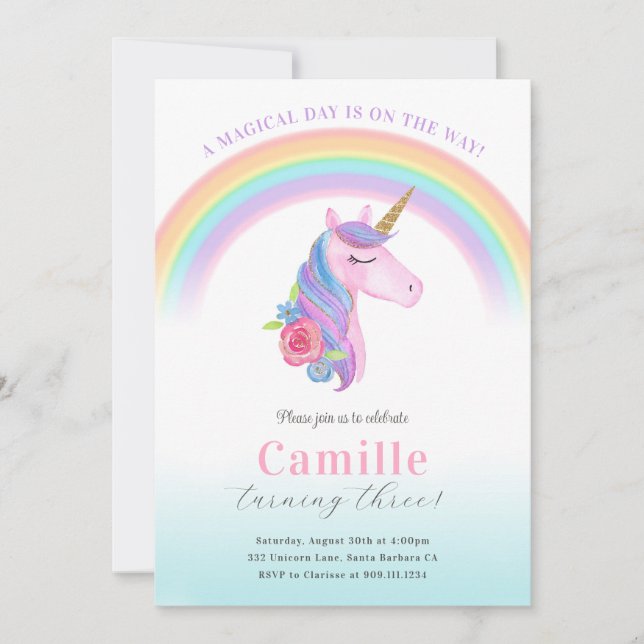 Magical Unicorn and Rainbow Birthday Invitation (Front)