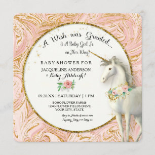 Magical Unicorn Baby Girl Shower Marble Rose Gold Invitation