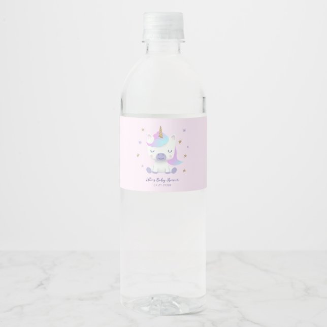 Magical Unicorn Baby Shower Pink Water Bottle Label (Front)