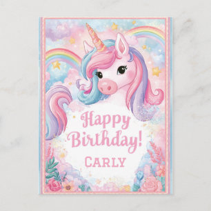 Magical Unicorn Birthday Design with Rainbows Holiday Postcard