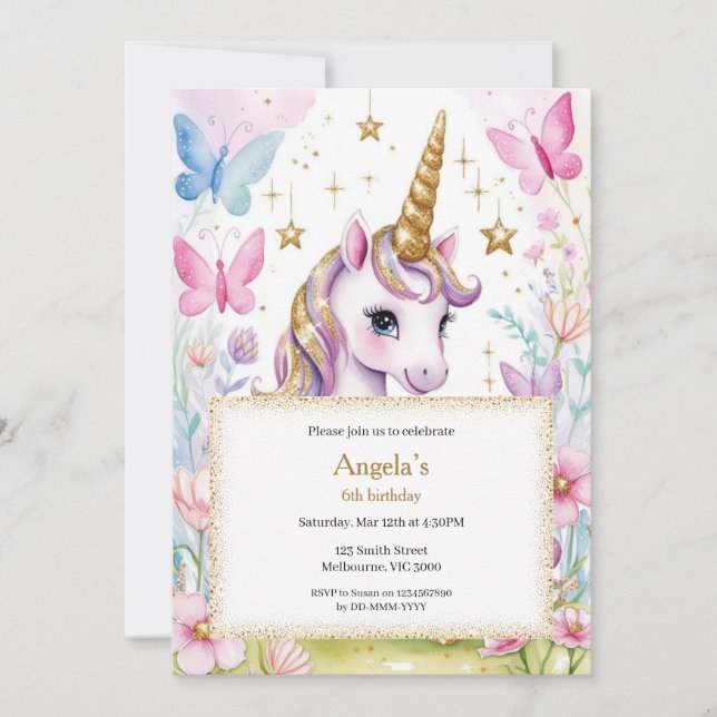 Magical Unicorn Birthday Girls Invitation (Front)