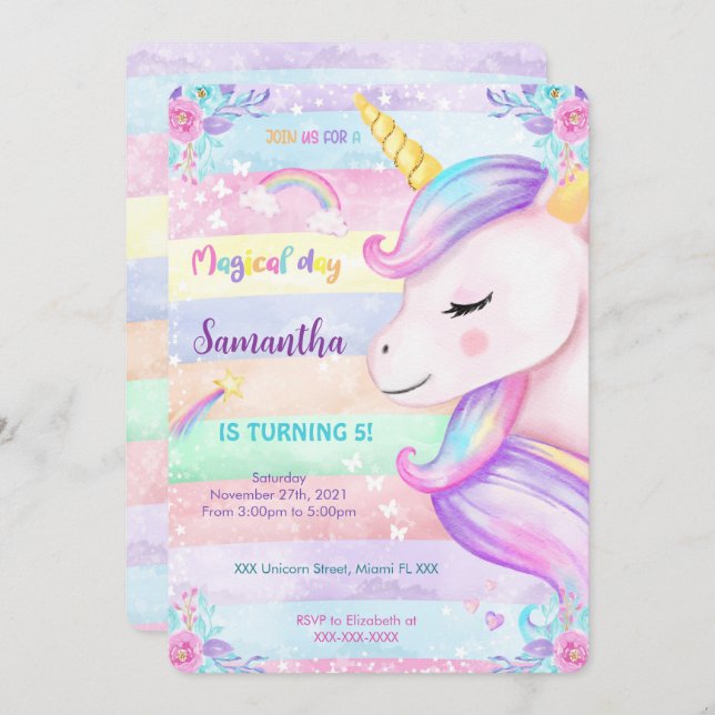 Magical Unicorn Birthday Invitation  (Front/Back)