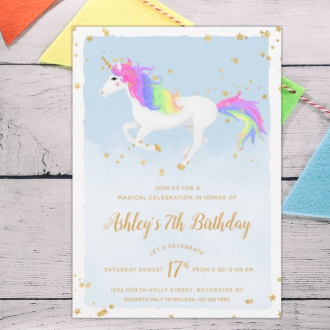 Magical Unicorn Birthday Invitation | Gold Rainbow (Creator Uploaded)