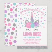 Magical Unicorn Birthday Invitation Pink & Silver