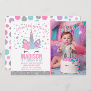 Magical Unicorn Birthday Invitation Pink & Silver