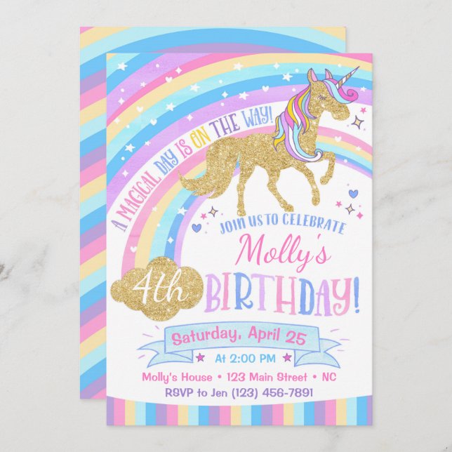Magical Unicorn Birthday Invitation Rainbow Invite (Front/Back)