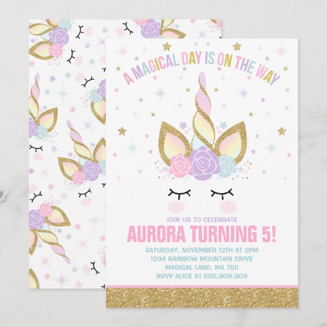 Magical Unicorn Birthday Invitation Unicorn Party (Front/Back)