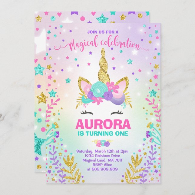 Magical Unicorn Birthday Invitation Unicorn Party (Front/Back)