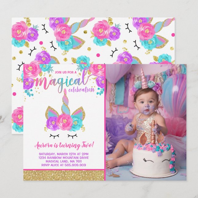 Magical Unicorn Birthday Invitation Unicorn Party (Front/Back)