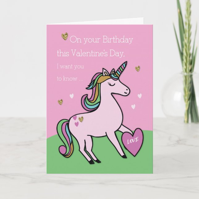Magical Unicorn Birthday on Valentine's Day Card (Front)
