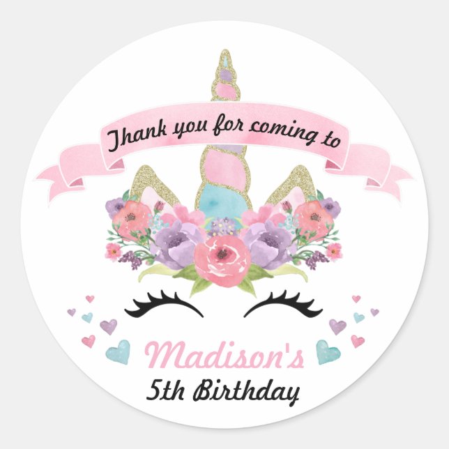 Magical Unicorn Birthday Party Thank You Stickers (Front)