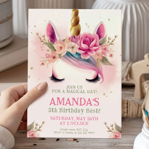 Magical Unicorn Birthday Party with Flowers Invitation