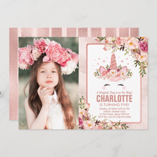 Magical Unicorn Birthday / Pretty Rose Gold Floral Invitation (Front/Back)