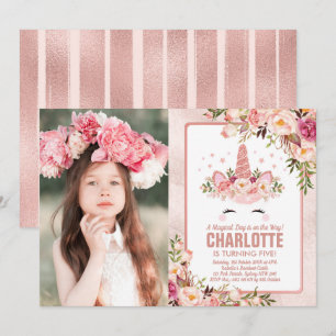 Magical Unicorn Birthday / Pretty Rose Gold Floral Invitation