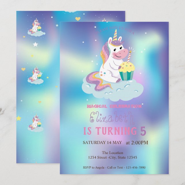 Magical Unicorn Blue Holographic Birthday Invitation (Front/Back)