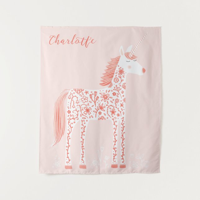 Magical Unicorn Blush Pink Personalised Tapestry (Front)