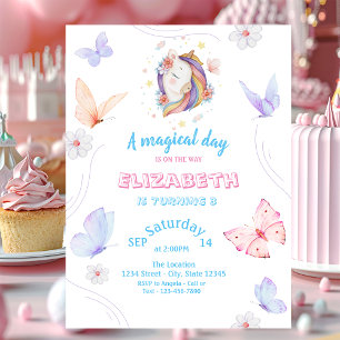 Magical Unicorn Butterflies Striped Birthday  Invitation